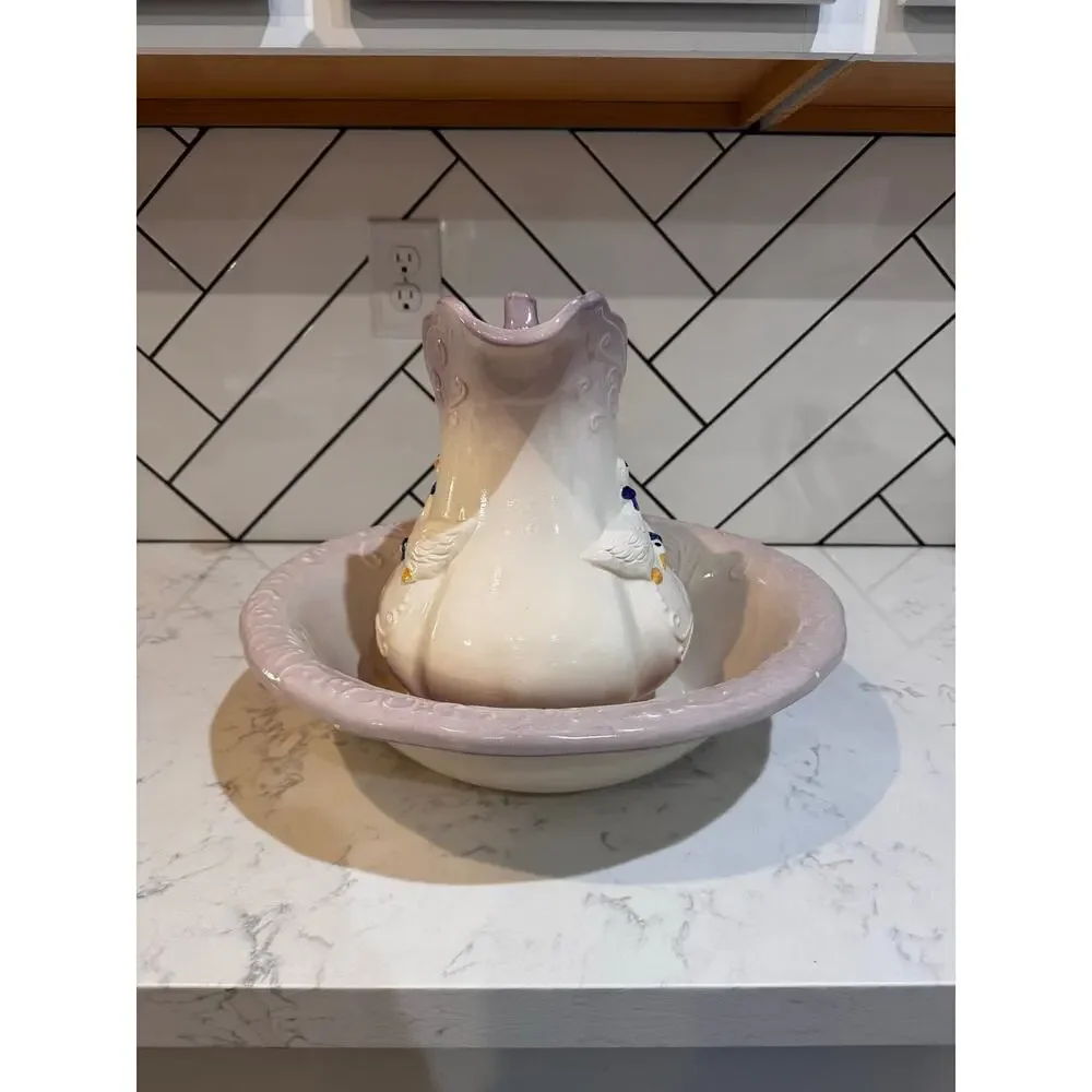 Ceramic goose pitcher & basin embossed geese floral scrollwork purple ombre rim